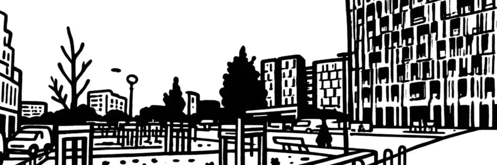 Le CHU de Purpan, l'écoquartier de la Cartoucherie et la Halle de la Machine à l'ouest de Toulouse, illustration au trait