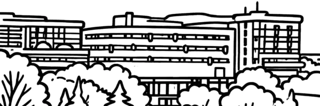 Le campus de l'université Paul Sabatier, le CHU de Rangueil et la colline de Pech David au sud-est de Toulouse, illustration au trait