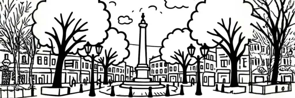 La place Saint-Aubin, son église et la rue de la Colombette à l'est du centre de Toulouse, illustration au trait