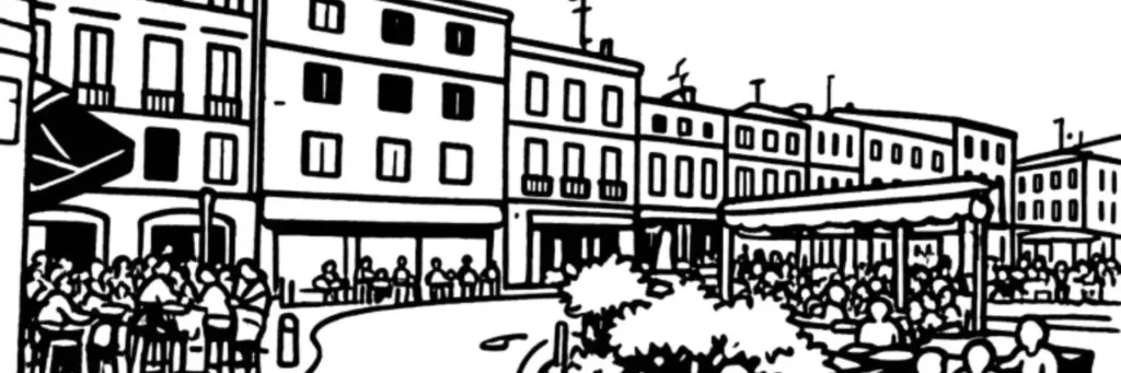 Le dôme de La Grave, les Abattoirs et la place Saint-Cyprien sur la rive gauche de la Garonne à Toulouse, illustration au trait