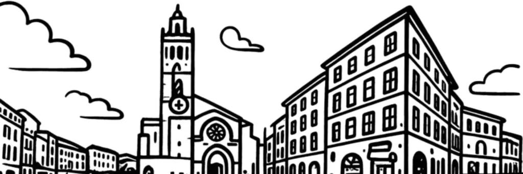 La cathédrale Saint-Étienne, la rue Ozenne et les hôtels particuliers du quartier épiscopal de Toulouse, illustration au trait