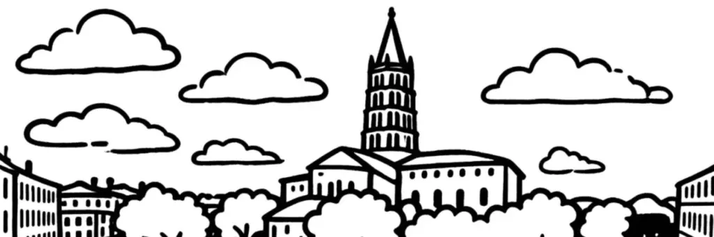 La basilique Saint-Sernin, la rue du Taur et la place Saint-Pierre dans le quartier universitaire de Toulouse, illustration au trait