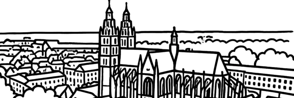 La cathédrale Saint-Gatien, le château de Tours et le musée des Beaux-Arts dans le quartier ancien au bord de la Loire, illustration au trait