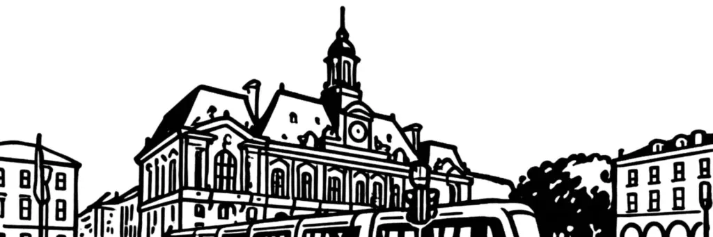 La place Jean-Jaurès avec l'hôtel de ville et le palais de justice, la rue Nationale et la rue de Bordeaux au centre de Tours, illustration au trait