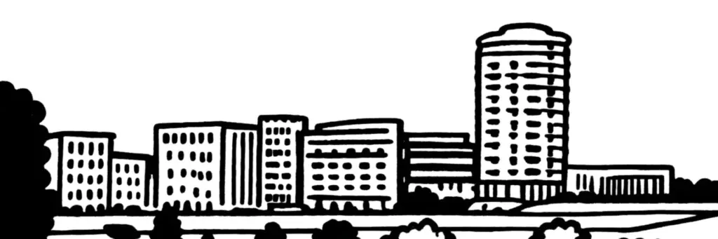 Le campus des Deux Lions, le cinéma CGR, l'écoquartier et les bords du Cher au sud-ouest de Tours, illustration au trait