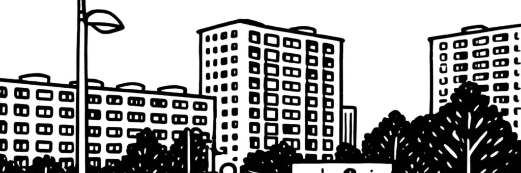 La rue Giraudeau, ses rues résidentielles et la proximité de La Riche et du Cher à l'ouest de Tours, illustration au trait