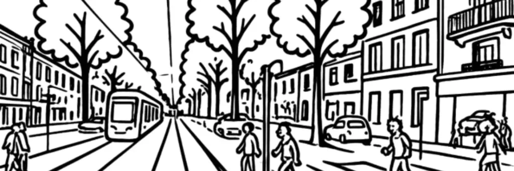 L'avenue de Grammont, son tramway et ses immeubles résidentiels au sud du centre de Tours, illustration au trait