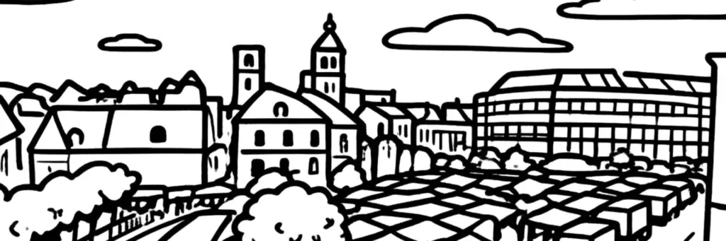 Les Halles de Tours, le marché couvert et la place Gaston-Paillhou à l'ouest du centre de Tours, illustration au trait