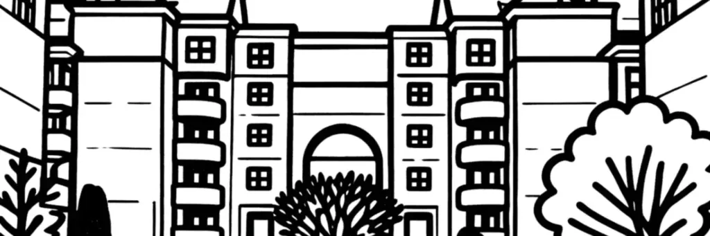 Les rues résidentielles du quartier Lamartine, ses espaces verts et la proximité de la Loire à l'ouest de Tours, illustration au trait