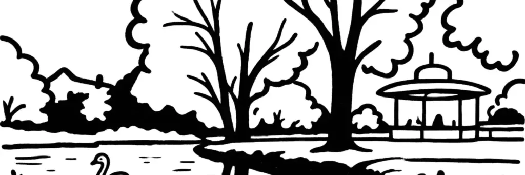 Le jardin des Prébendes d'Oé, ses grands arbres et les maisons tourangelles du quartier bourgeois des Prébendes à Tours, illustration au trait