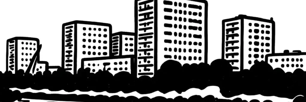 Le quartier des Rives du Cher à Tours, ses grands ensembles, ses tours et les promenades le long du Cher, illustration au trait