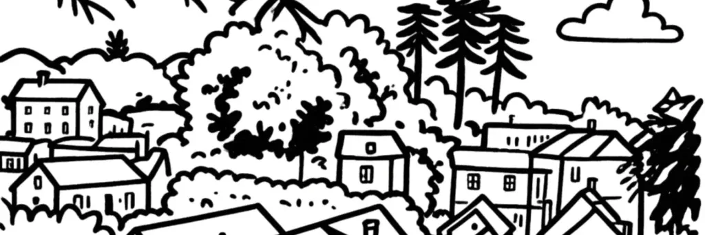 L'ancien village de Sainte-Radegonde, son église partiellement troglodytique adossée au coteau et les hauteurs de la rive droite à Tours, illustration au trait