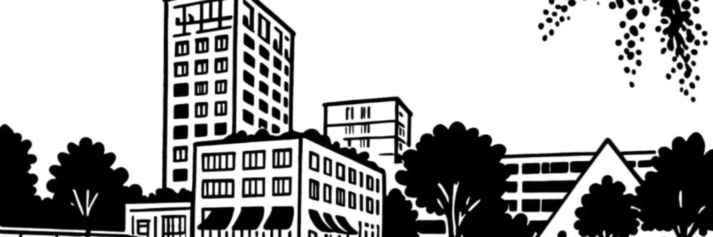 Le quartier du Sanitas à Tours, ses immeubles, ses équipements rénovés et sa proximité de la gare, illustration au trait