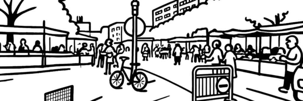 La place Velpeau, son marché et les rues résidentielles du quartier à l'est de la gare de Tours, illustration au trait