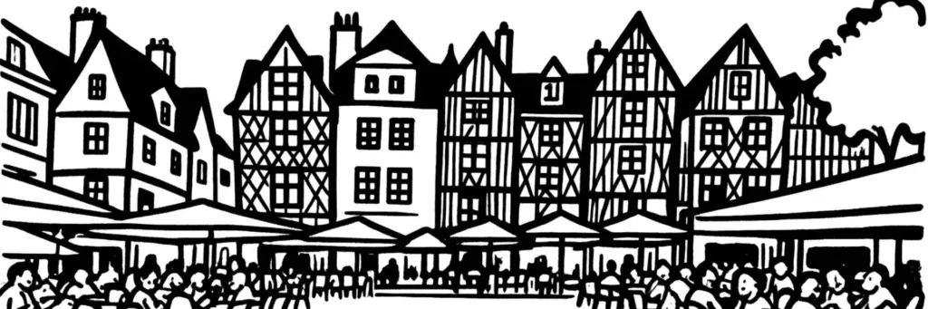 La place Plumereau, la rue du Grand-Marché et la rue Briçonnet bordées de maisons à pans de bois dans le Vieux-Tours, illustration au trait