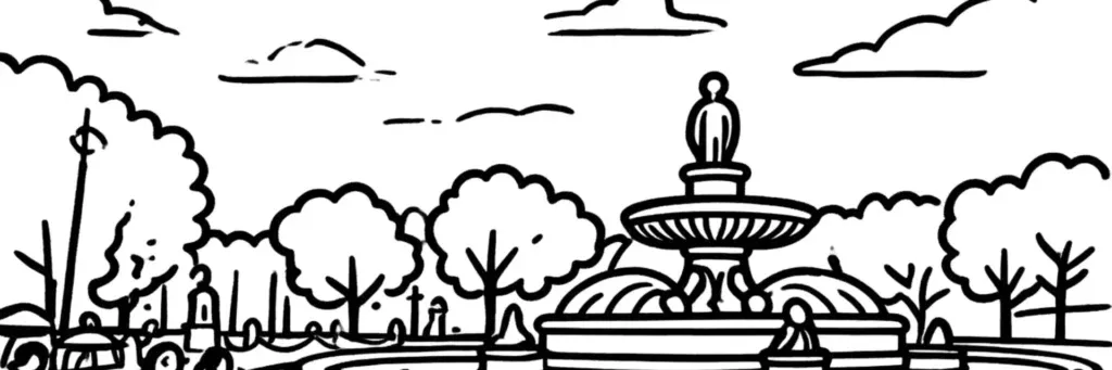 Vue d'Aix-en-Provence : le cours Mirabeau et ses platanes, la fontaine de la Rotonde, la vieille ville, le quartier Mazarin et ses hôtels particuliers, la montagne Sainte-Victoire en arrière-plan, illustration au trait