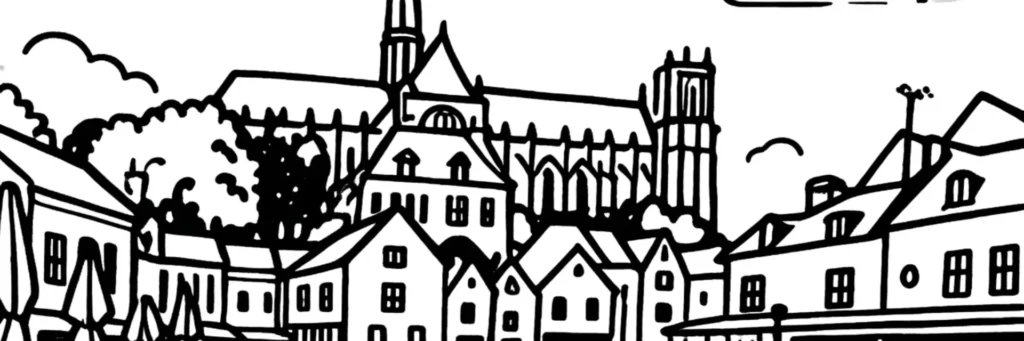 Vue d'Amiens : la cathédrale Notre-Dame et sa flèche gothique, le quartier Saint-Leu et ses canaux, les hortillonnages, la tour Perret près de la gare, le beffroi et la Somme, illustration au trait