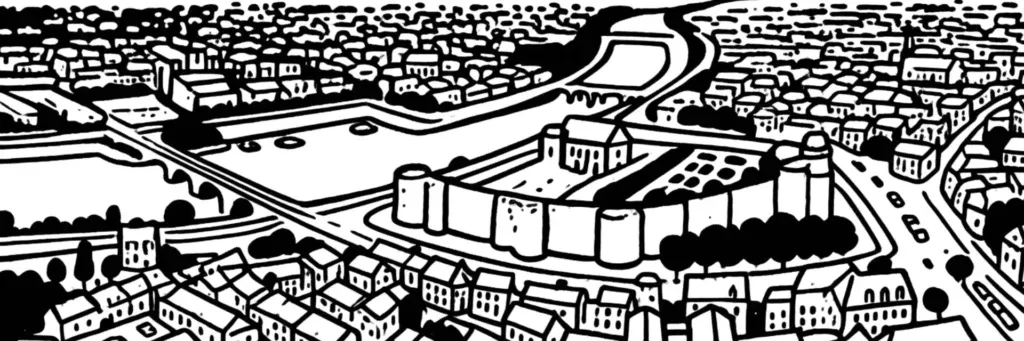 Vue d'Angers : le château d'Angers et ses tours, la cathédrale Saint-Maurice, la place du Ralliement et son théâtre, les bords de la Maine et le quartier ancien de La Doutre sur la rive droite, illustration au trait