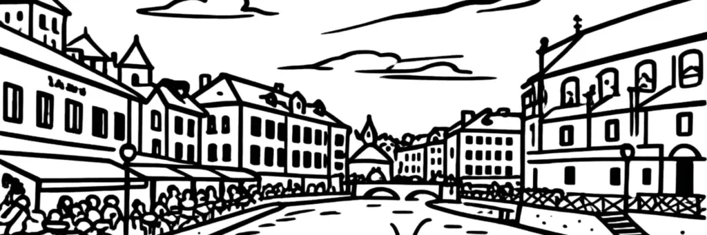 Vue d'Annecy : la vieille ville et ses canaux sur le Thiou, le Palais de l'Isle, le bord du lac et le Pâquier, les sommets du Semnoz et du Mont Veyrier en arrière-plan, illustration au trait