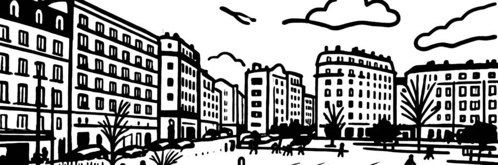Vue d'Asnières-sur-Seine : les bords de Seine et le parc Robinson, le château d'Asnières du XVIIIe siècle, la gare d'Asnières-sur-Seine desservie par le Transilien, le quartier pavillonnaire de Bécon-les-Bruyères, le parc des Chanteraines au nord et la proximité de Paris et de La Défense, illustration au trait