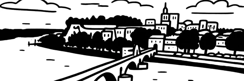 Vue d'Avignon : le Palais des Papes, le Pont Saint-Bénézet sur le Rhône, les remparts de la vieille ville et le rocher des Doms, illustration au trait