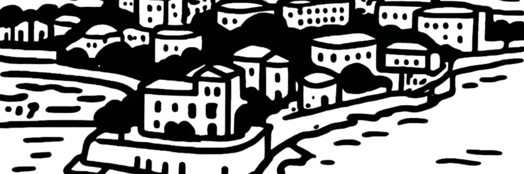 Beaulieu-sur-Mer, le port de plaisance et le front de mer adossés aux montagnes, illustration au trait
