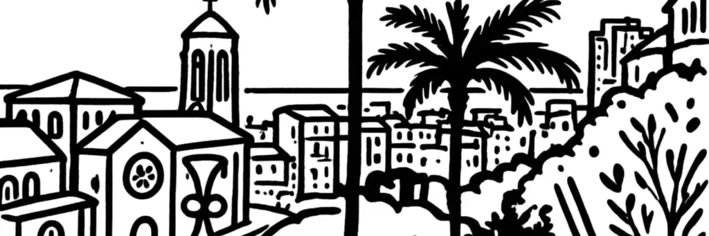Beausoleil, ville des Alpes-Maritimes bâtie à flanc de colline au-dessus de Monaco, illustration au trait