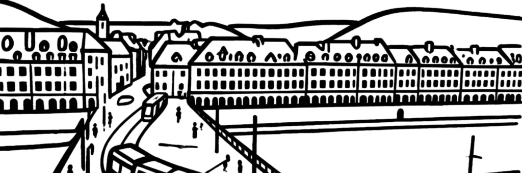 Le quartier Viotte à Besançon autour de la gare Viotte et de son parvis, les immeubles de la rue de Vesoul, le terminus du tramway, les secteurs de Montjoux et de Trey sur les hauteurs dominant la vieille ville, illustration au trait