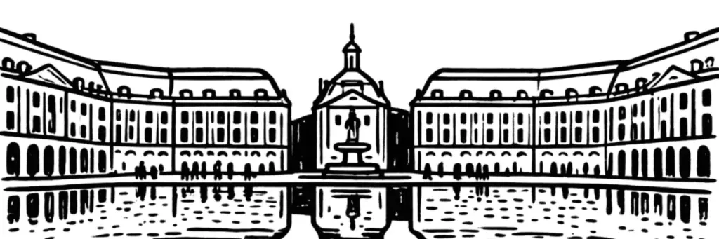 Vue de Bordeaux : la place de la Bourse, le miroir d'eau, les quais de la Garonne et la flèche Saint-Michel, illustration au trait