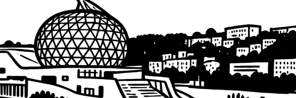 Vue de Boulogne-Billancourt : les bords de Seine et l'Île Seguin avec la Seine Musicale, l'écoquartier du Trapèze et le parc de Billancourt, les immeubles haussmanniens des Princes-Marmottan en lisière du Bois de Boulogne, illustration au trait