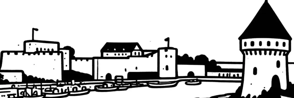 Vue de Brest : la rue de Siam et la place de la Liberté, le château de Brest et la Tour Tanguy à l'embouchure de la Penfeld, le pont de Recouvrance, le téléphérique urbain reliant le plateau des Capucins, le tramway et le port de commerce, illustration au trait