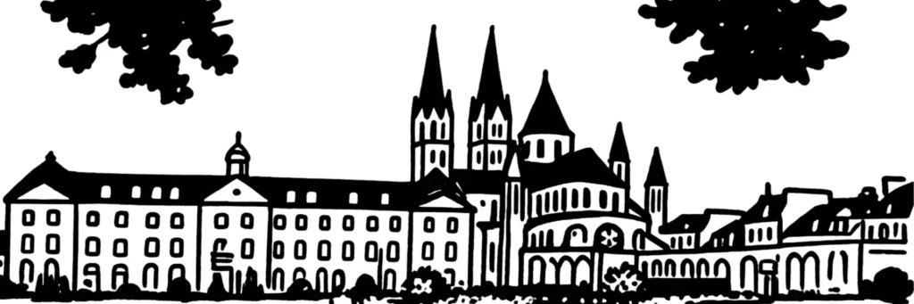 Vue de Caen, capitale historique de la Normandie : le château de Guillaume le Conquérant sur son éperon, l'Abbaye-aux-Hommes et l'Abbaye-aux-Dames, la presqu'île et le bassin Saint-Pierre avec la bibliothèque Alexis de Tocqueville, le tramway qui traverse la ville et la gare au sud, illustration au trait