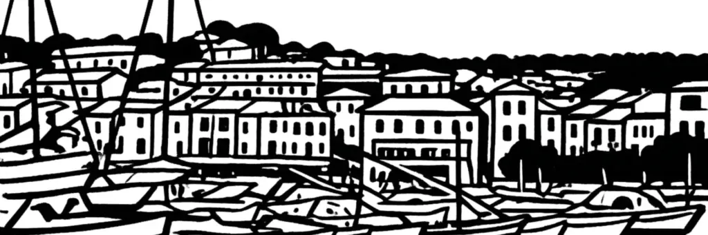 Cassis, le port de pêche aux maisons colorées au pied du Cap Canaille, entre vignoble et calanques, illustration au trait