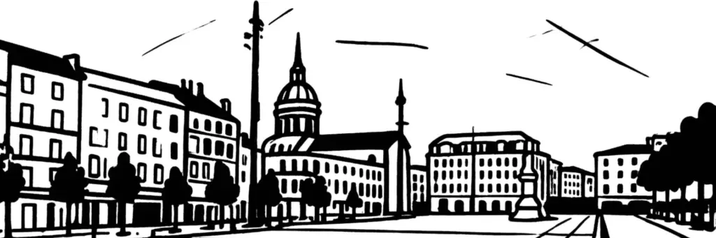 Vue de Clermont-Ferrand : la place de Jaude et la statue de Vercingétorix, la cathédrale Notre-Dame-de-l'Assomption en pierre de Volvic noire, la basilique Notre-Dame-du-Port, le vieux Montferrand et la chaîne des Puys à l'horizon, illustration au trait