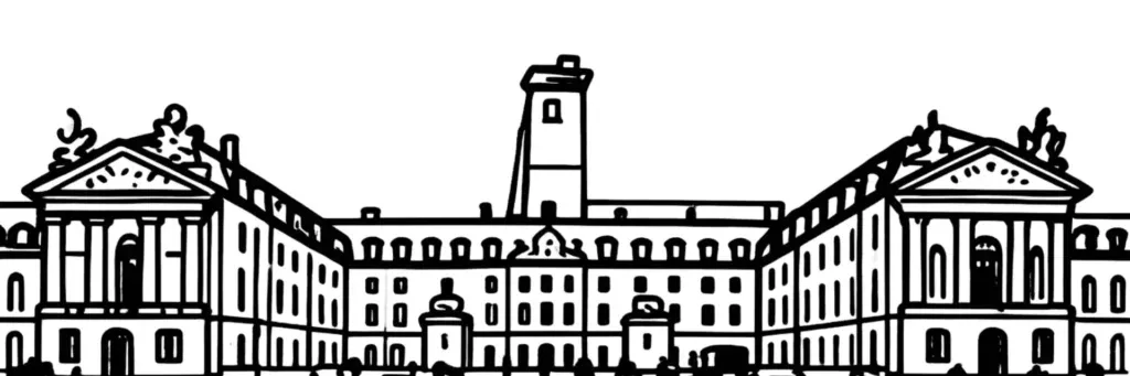 Vue de Dijon : le palais des ducs de Bourgogne, la place de la Libération, l'église Notre-Dame et sa chouette, les toits du secteur sauvegardé bourguignon, illustration au trait
