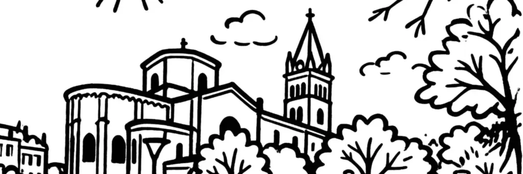 Écully, commune résidentielle de l'ouest lyonnais, ses châteaux et demeures bourgeoises, ses grandes propriétés et le parc du Vivier, illustration au trait