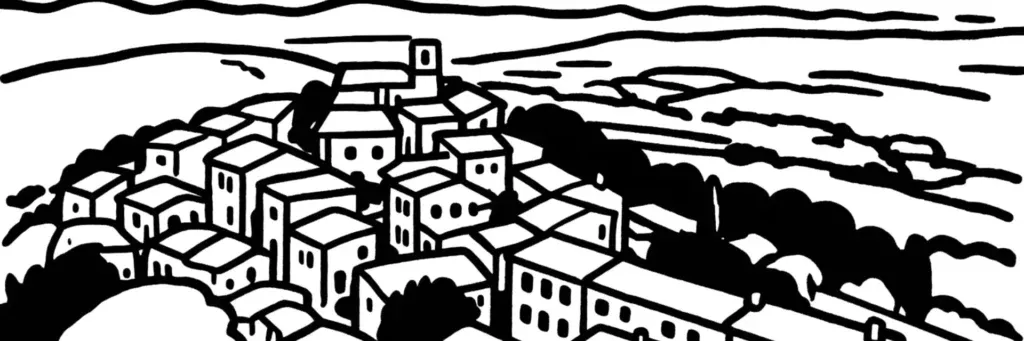 Gassin, village perché du golfe de Saint-Tropez et son panorama sur la presqu'île, illustration au trait
