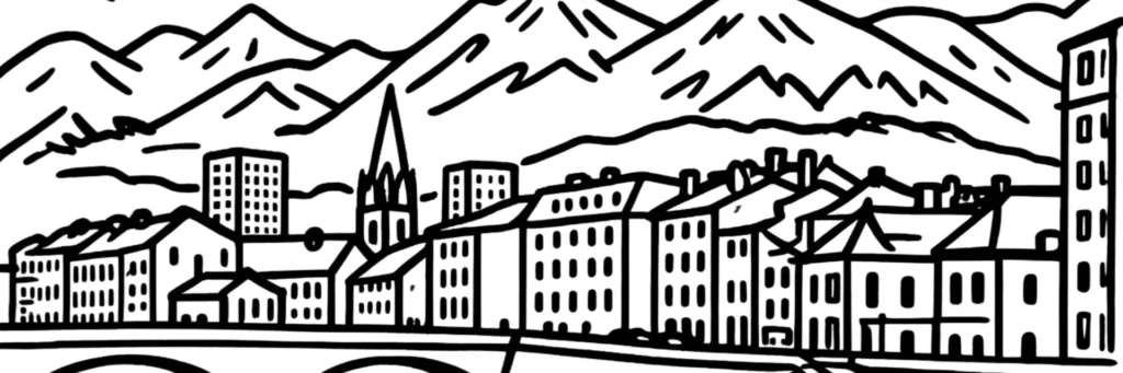 Le quartier Capuche de Grenoble, l'avenue de Stalingrad et la rue Général Ferrié, les petites villas et les immeubles, les lignes A et C du tramway et le parc Paul Mistral à proximité, illustration au trait