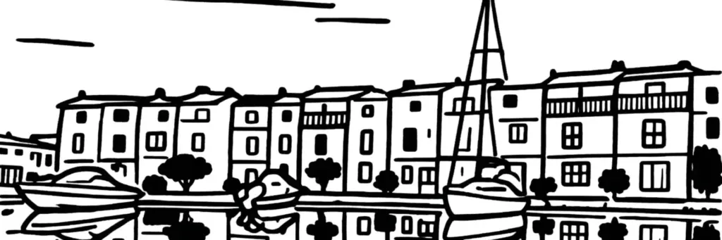 Grimaud, le village médiéval perché couronné par les ruines de son château dominant le golfe de Saint-Tropez, illustration au trait