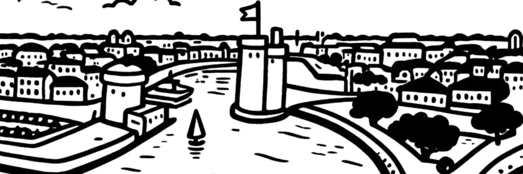 Vue de La Rochelle : le Vieux-Port et ses trois tours médiévales, Saint-Nicolas, de la Chaîne et de la Lanterne, les façades en pierre blanche du centre historique, le port de plaisance des Minimes et le littoral atlantique, illustration au trait