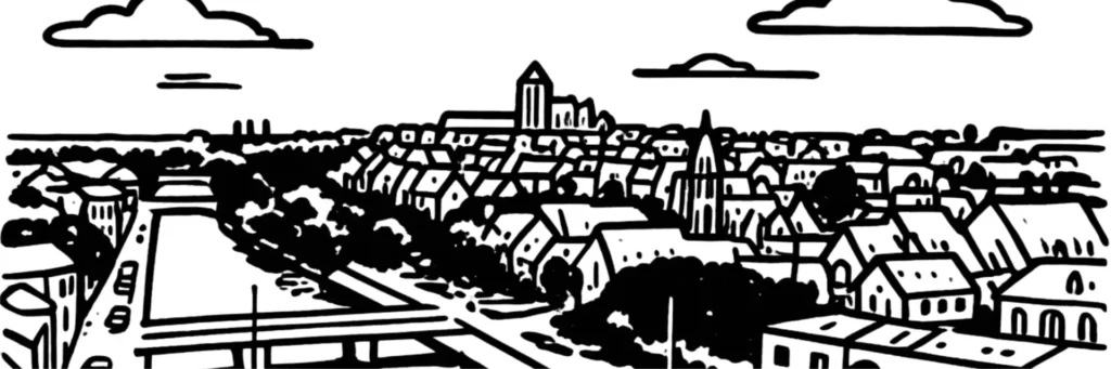 Le quartier des Sablons du Mans, son grand ensemble du sud en rénovation urbaine, le centre commercial réaménagé, les équipements neufs comme la crèche multi-accueil, illustration au trait