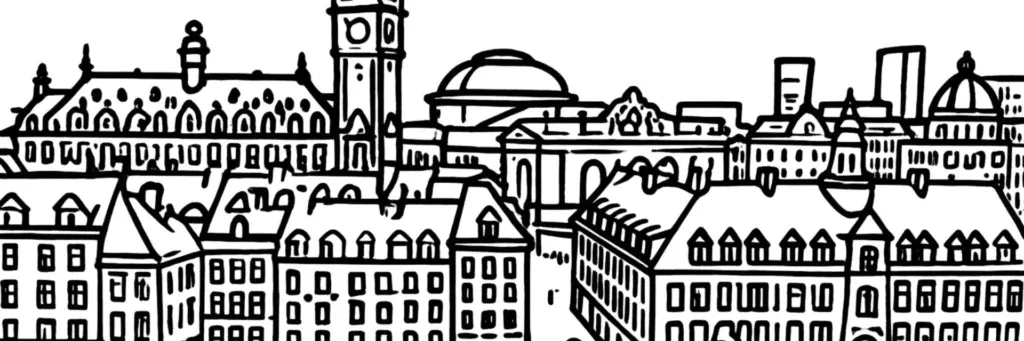 Vue de Lille : la Grand'Place, la Vieille Bourse, le beffroi et les façades de brique et de pierre du Vieux-Lille, illustration au trait