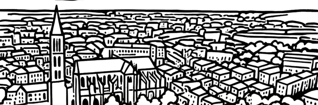 Le quartier du Vigenal à Limoges, ses rues résidentielles arborées à l'est de la ville, la proximité du cimetière paysager de Louyat et de la vallée de l'Aurence, illustration au trait