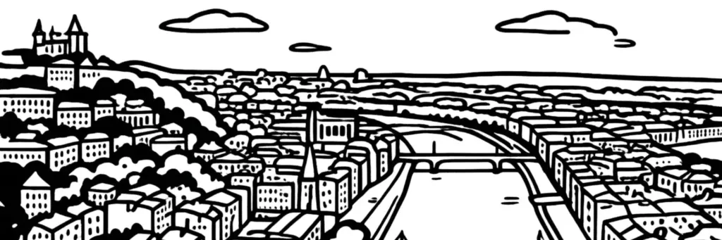 Lyon, la colline de Fourvière, la Saône et les toits de la Presqu'île, illustration au trait