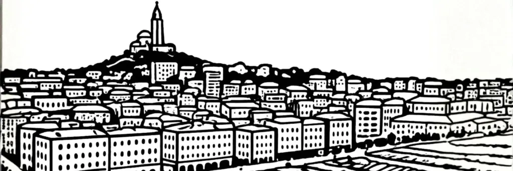 Marseille, le Vieux-Port, la basilique Notre-Dame-de-la-Garde et les îles du Frioul, illustration au trait