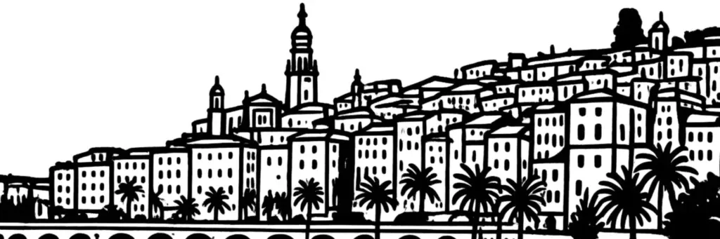 Vue de Menton : la vieille ville et la basilique Saint-Michel-Archange dominant le port, le front de mer et la promenade du Soleil, les jardins d'agrumes, le casino et les jardins Biovès, à la frontière italienne, illustration au trait