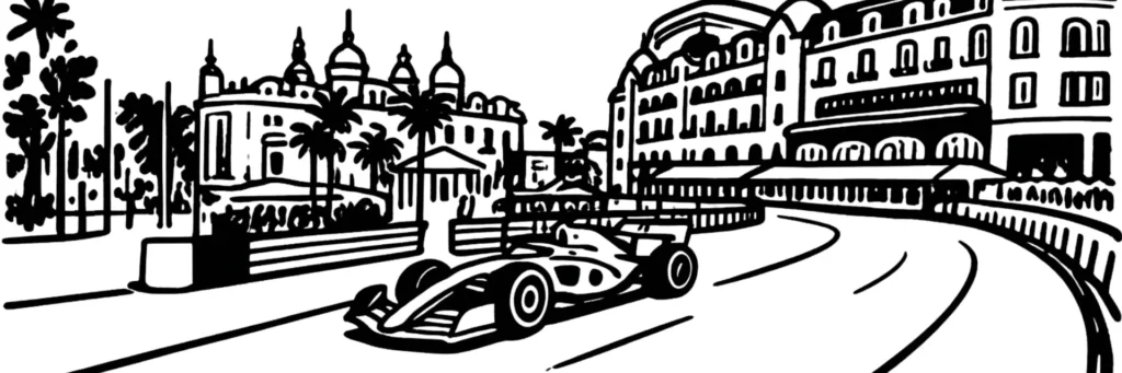 Monaco, le Rocher, le Port Hercule et les tours de Monte-Carlo dominant la Méditerranée, illustration au trait