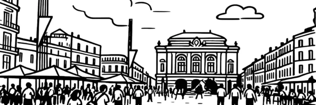 Vue de Montpellier : la place de la Comédie, l'Écusson, l'arc de triomphe du Peyrou et le quartier Antigone, illustration au trait