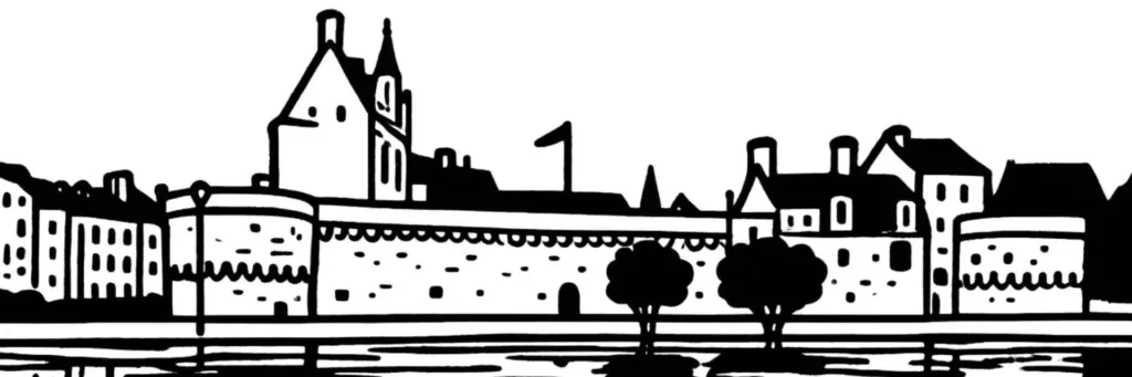 Vue de Nantes : le château des ducs de Bretagne, la grue Titan, le Grand Éléphant des Machines de l'île et la Loire, illustration au trait