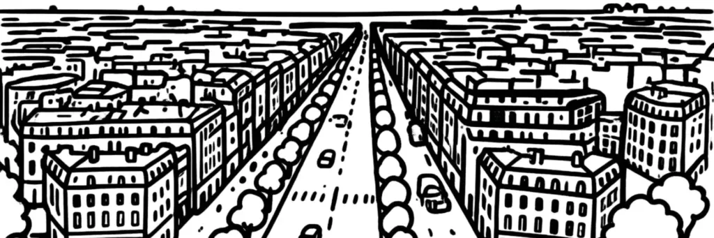Vue de Neuilly-sur-Seine : l'avenue Charles-de-Gaulle prolongeant les Champs-Élysées vers La Défense, les hôtels particuliers et immeubles haussmanniens de standing, l'Île de la Jatte sur la Seine et le Bois de Boulogne, illustration au trait